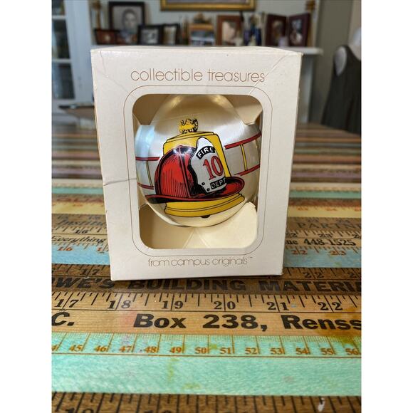 VINTAGE Satin Ball Firefighter Fire Dept 10 Christmas Ornament Fire Engine 80s - Picture 1 of 13